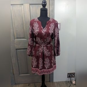 Madewell Lassi Blouson Dress Silk Maroon Black Floral Elastic Waist V-Ne…